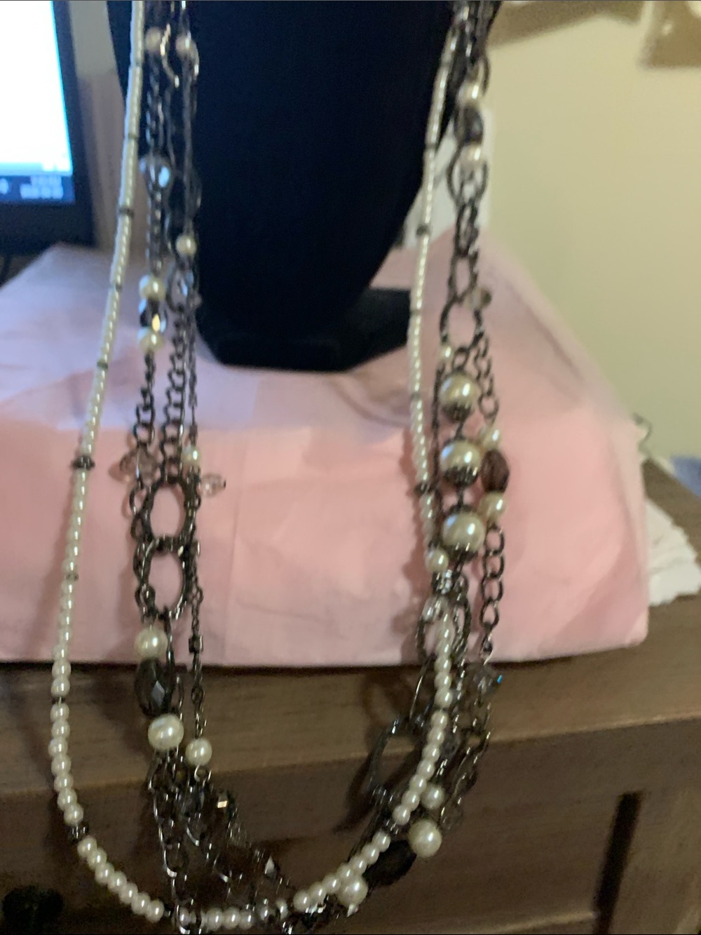 Multi-Strand Pearl & Chain Necklace in White and Gunmetal